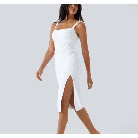 Halara SoftlyZero Airy Square Neck Ruched Midi Cool Touch Dress Sz Small White - Picture 1 of 14